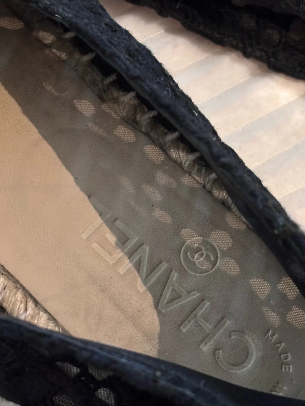 CHANEL Black Woven Espadrille Flats with Patent Cap Toe
